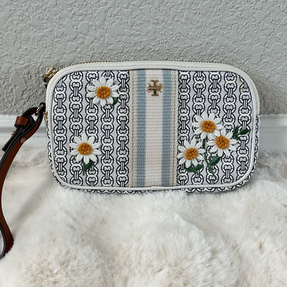 Tory Burch Black and White Clutch with Floral Design